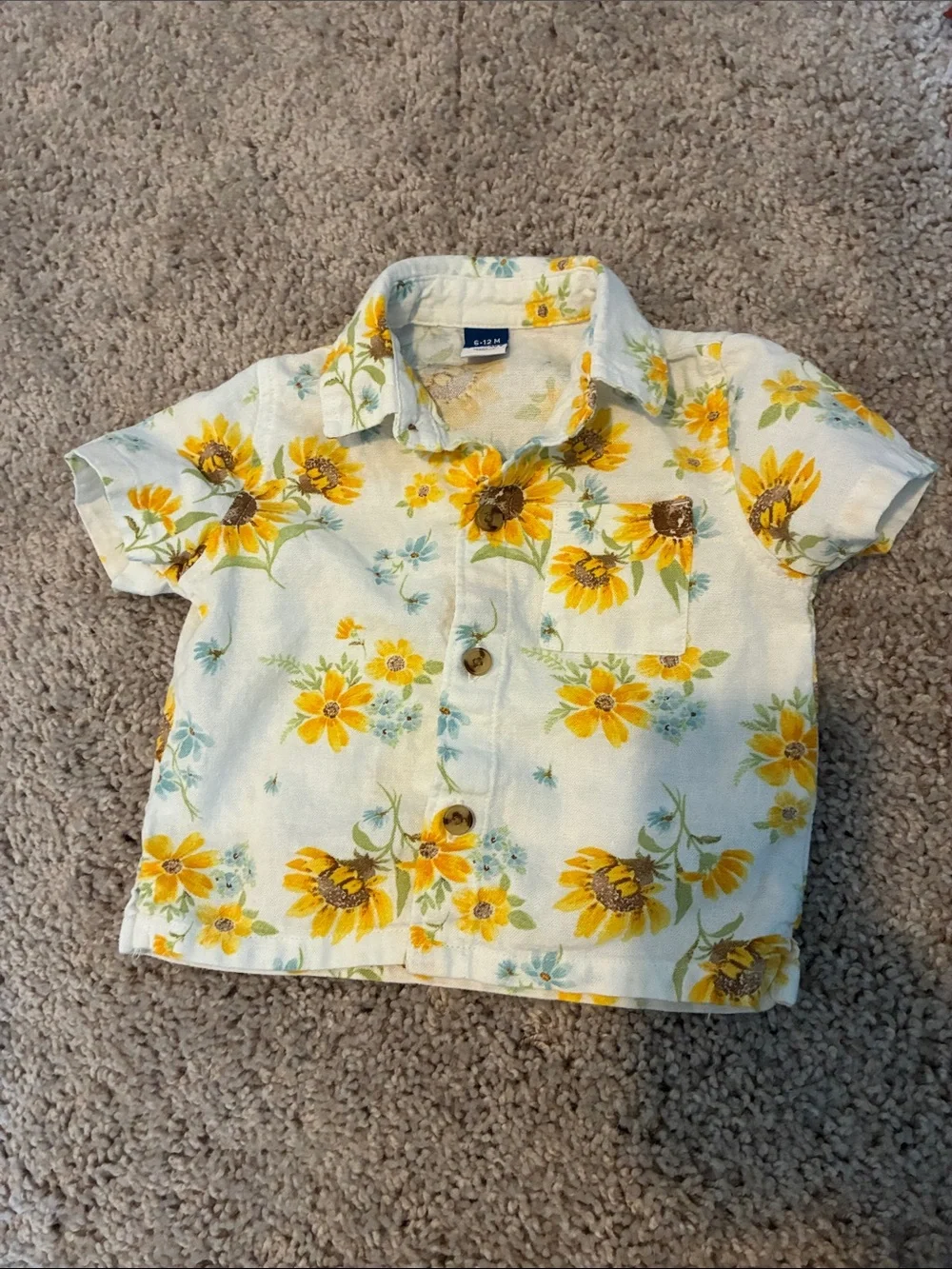 Old Navy White Button-Down Shirt with Yellow Sunflower Print